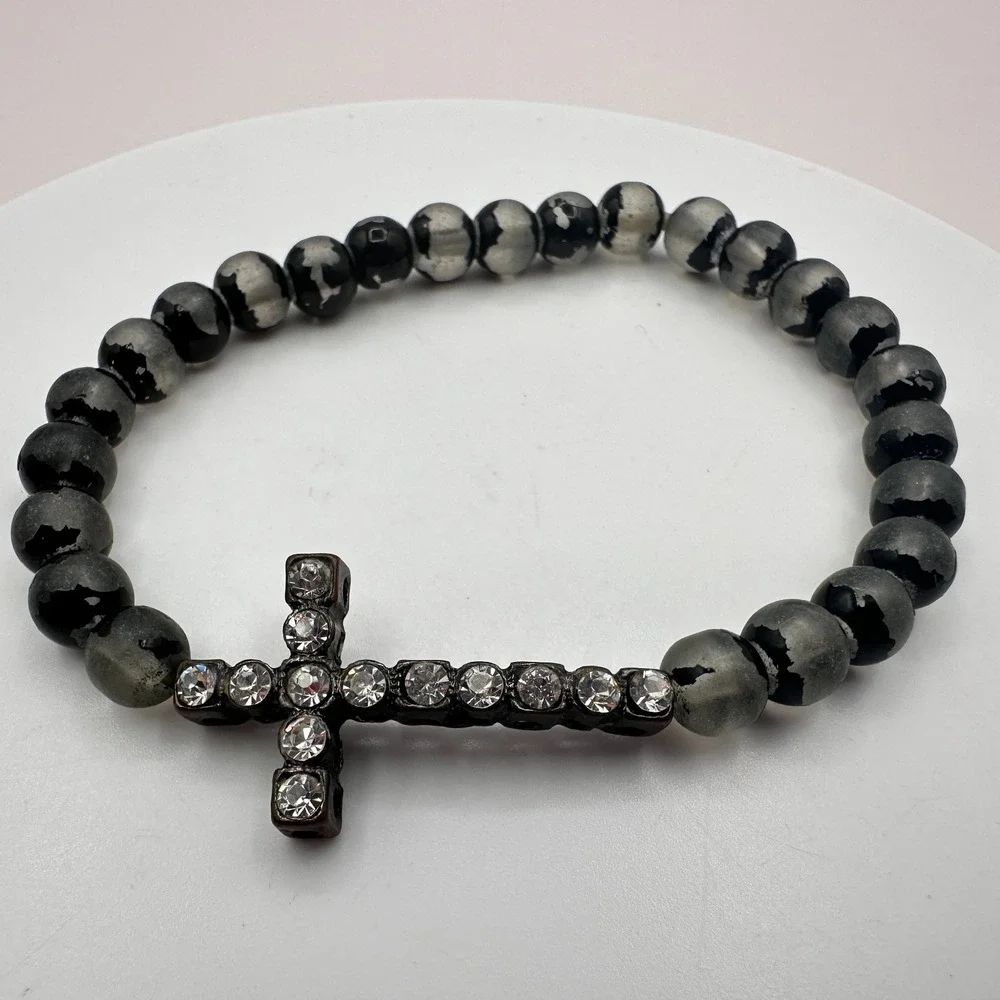 Vintage 90s Clear Glass Beaded Cross Bracelet Goth Religious Fashion Jewelry 90s